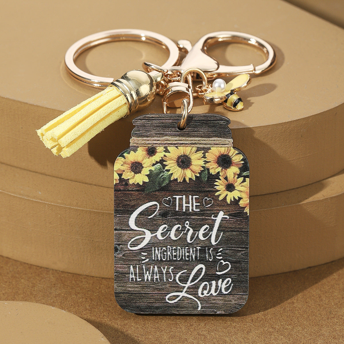 Wholesale Wooden Sunflower Slogan Bee Honeypot Color Printed Keychain